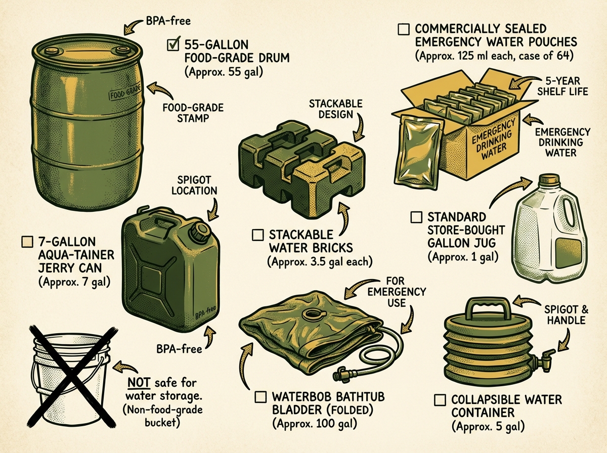 Complete emergency water preparedness kit laid out for inspection