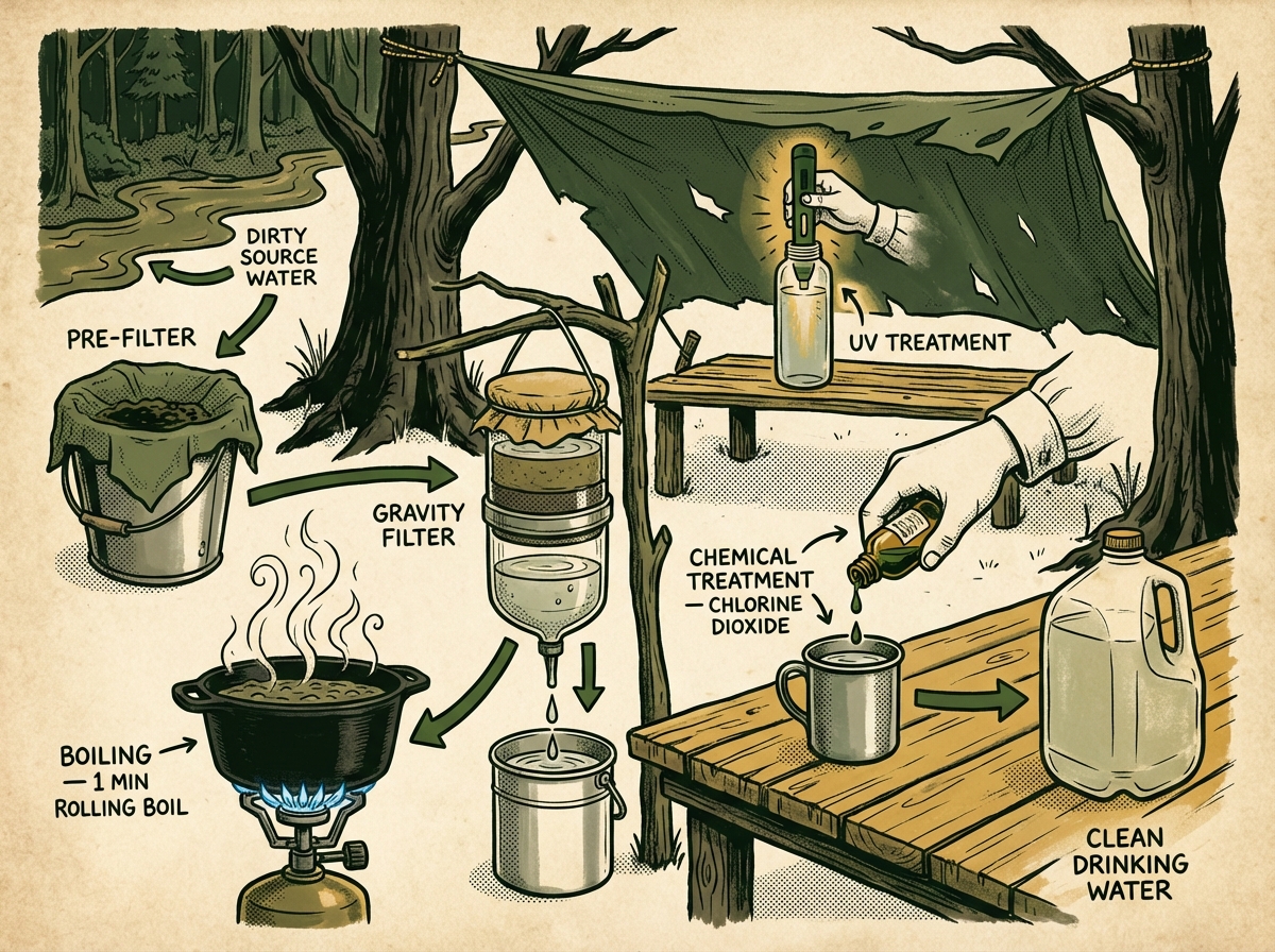 A field station setup showing multiple water purification methods in action