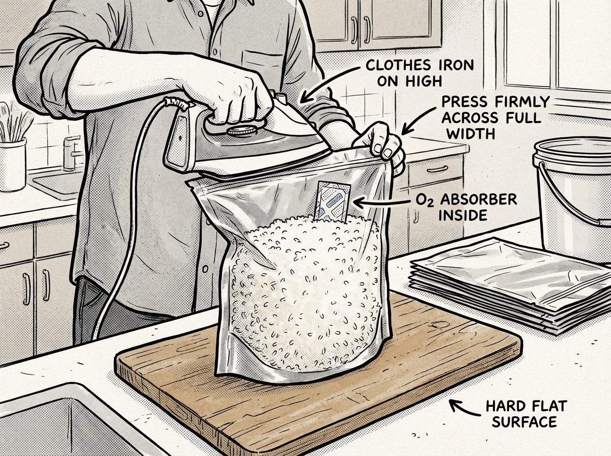 Sealing a Mylar bag with a clothes iron on a wooden board