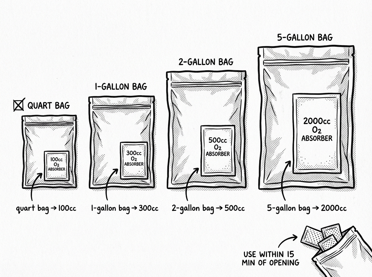 Oxygen absorber packets matched to common Mylar bag sizes