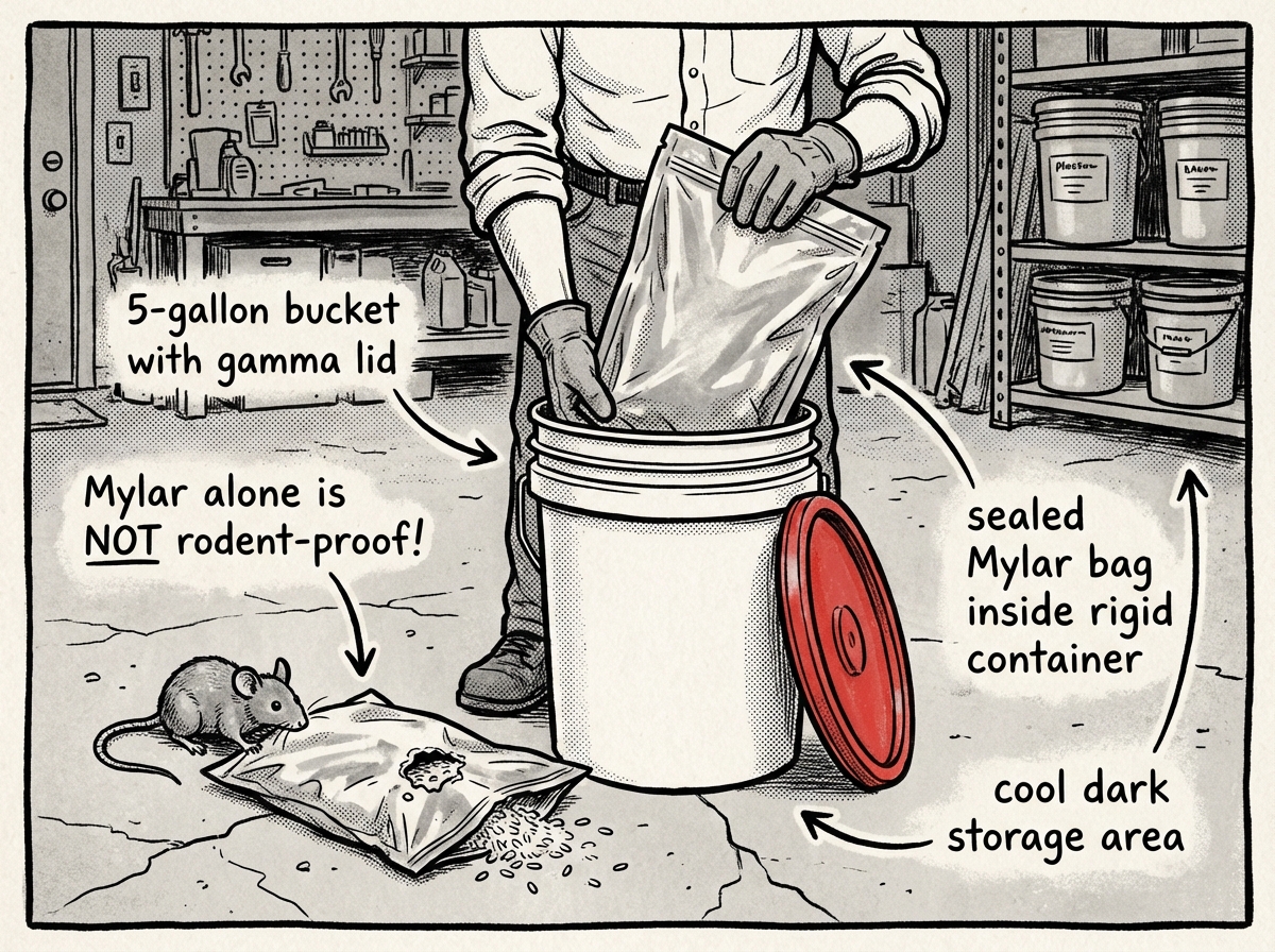 Sealed Mylar bags stored inside a rigid 5-gallon bucket for rodent protection