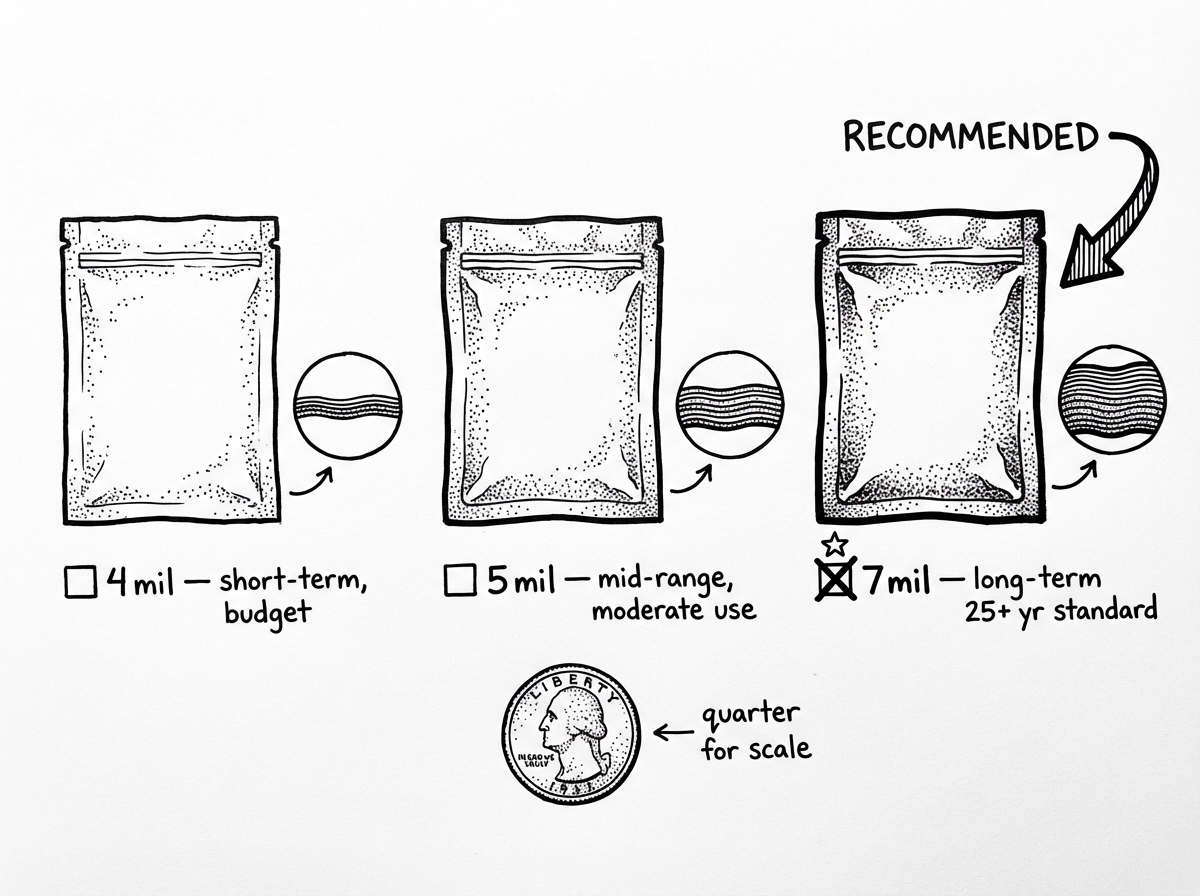 Comparing 4 mil, 5 mil, and 7 mil Mylar bag thicknesses side by side