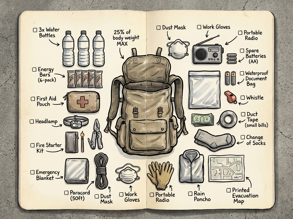 Complete 72-hour grab bag contents laid out and ready to pack