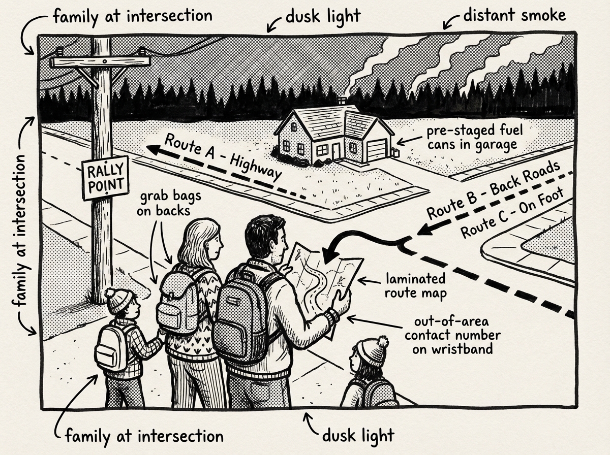 Family reviewing three marked evacuation routes at a neighborhood rally point