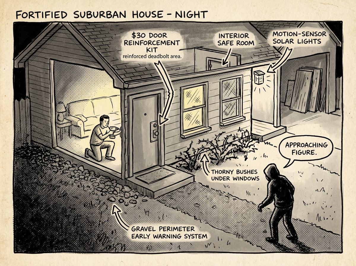 Home fortification measures shown in cross-section view