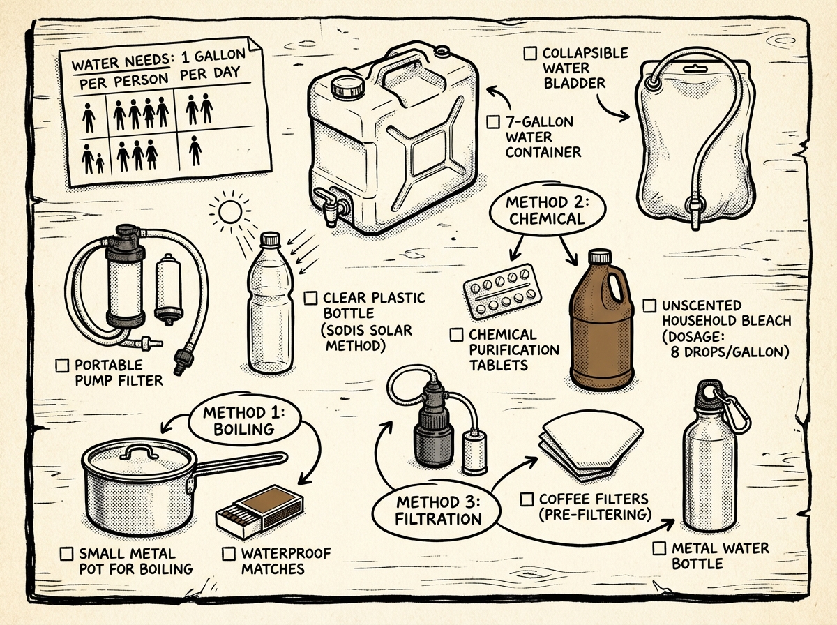Three water purification methods and storage essentials laid out